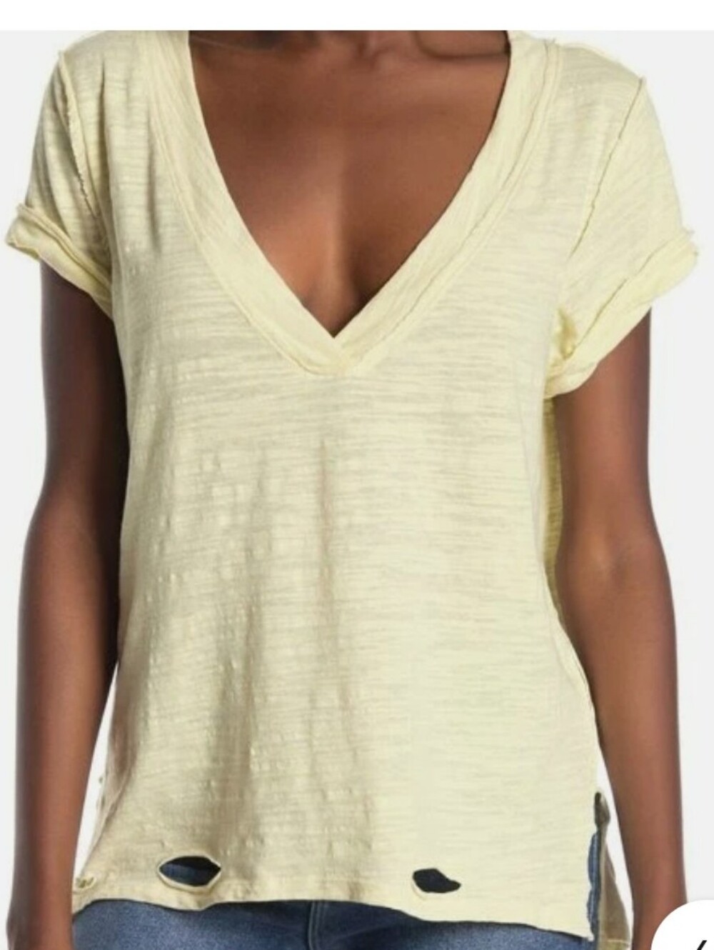 Free People We The Free Distressed V-Neck Slub Tee Cream Small